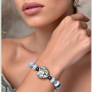 Paua Heart Charm Abalone Shell Beaded Stretch Bracelet Blue Larimar Purple Ruby